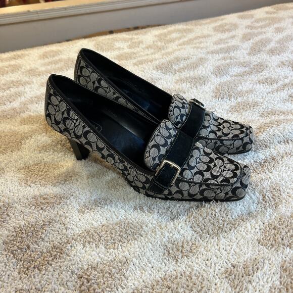 Coach Lizzie Heels Black Monogram Leather 8B Heels Square Toe Buckle - Picture 1 of 16